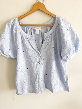 Calypso light blue floral eyelet short sleeve blouse top size Large